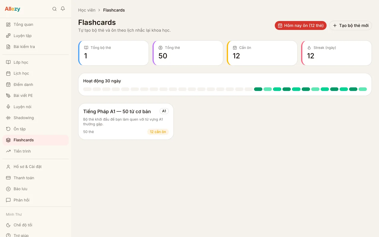 Màn hình flashcards ôn từ vựng trên nền tảng Allezy