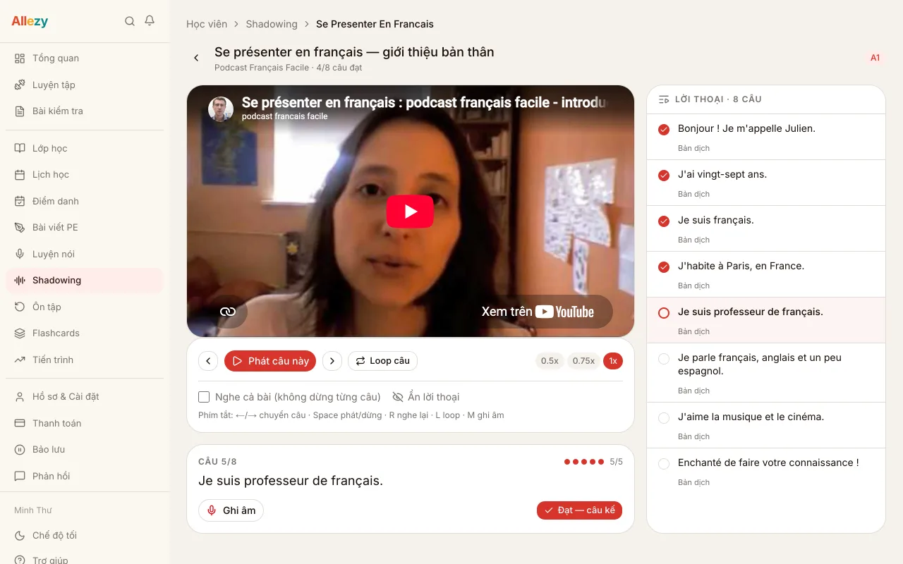 Màn hình luyện nói shadowing theo video trên nền tảng Allezy